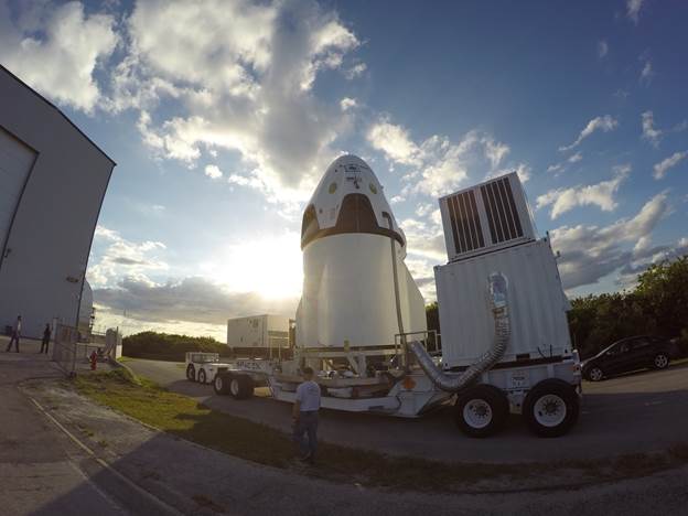 In preparation for tomorrow's  Launch Abort System test the Crew Dragon is moved to the launch pad at Cape Canaveral, Florida. Image rights: SpaceX. 